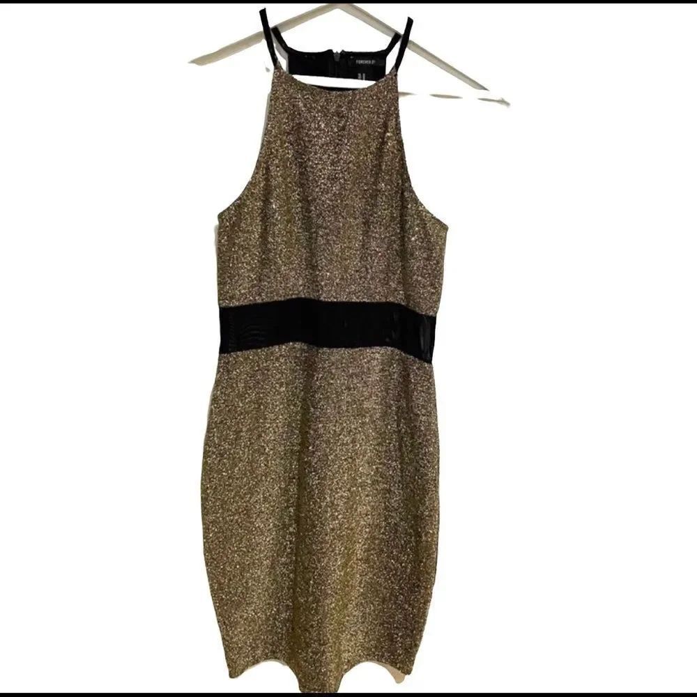 Forever 21 bodycon metallic gold formfitting dress medium Sheer mid panel